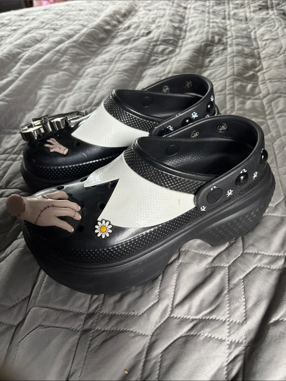 Wednesday x Crocs Stomp Clogs Black and White Slip-On Clogs with jibbits